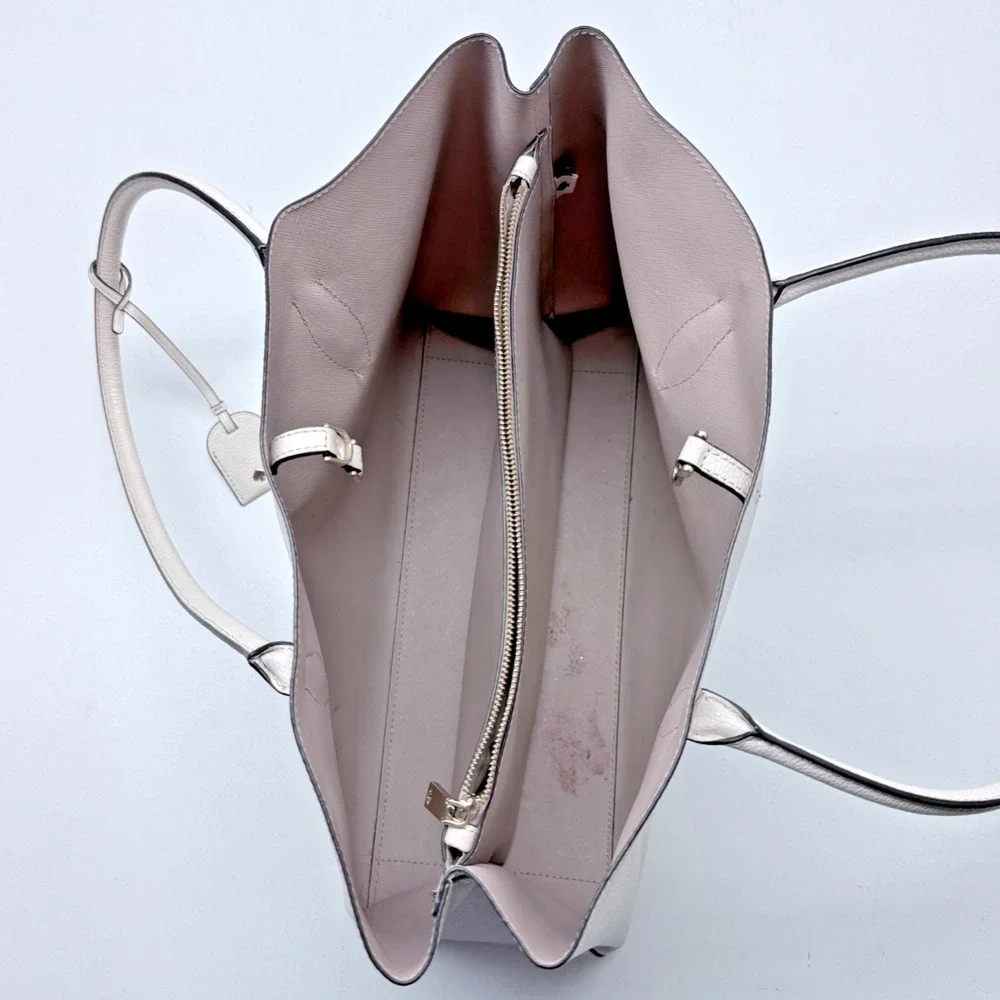 Kate Spade Harper Large Leather Tote Bag Parchment White Grey 15